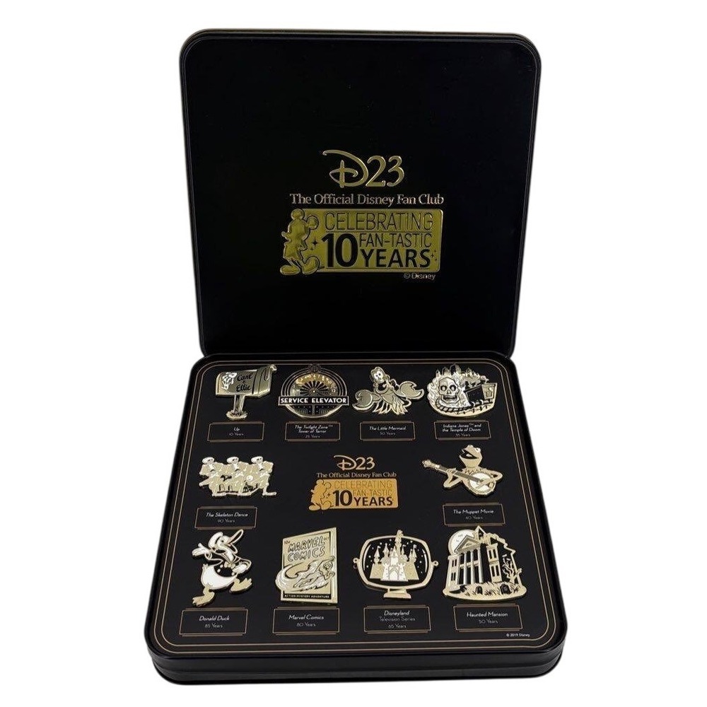 Disney D23 10th Anniversary Pin Set 2019 Celebrating 10 Fan-Tastic Years Tin